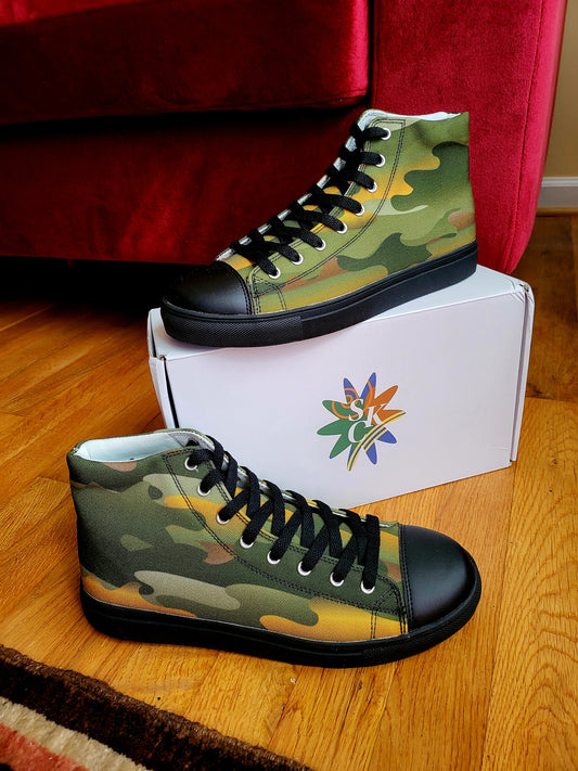 skcreations llc, new dawn, sneakers, high tops, camo, sharon a. keyser, new sneakers, original design, unisex, fashion, streetwear, green