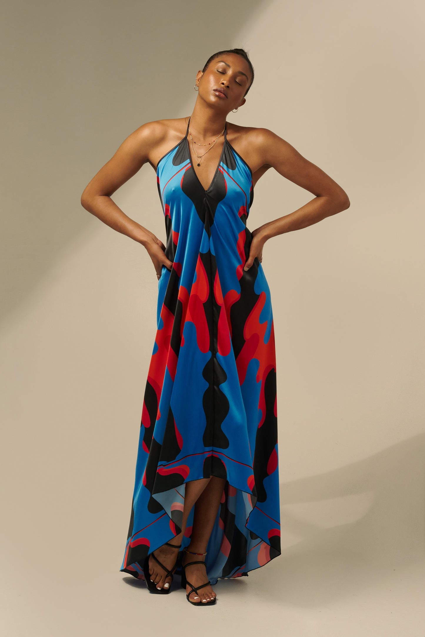 skcreations llc, the sharon keyser collection, new dawn, halter neck dress, backless dress, silk dress, new york fashion week, sharon a. keyser, fashion, style, fashion designer, wearable art, surface design