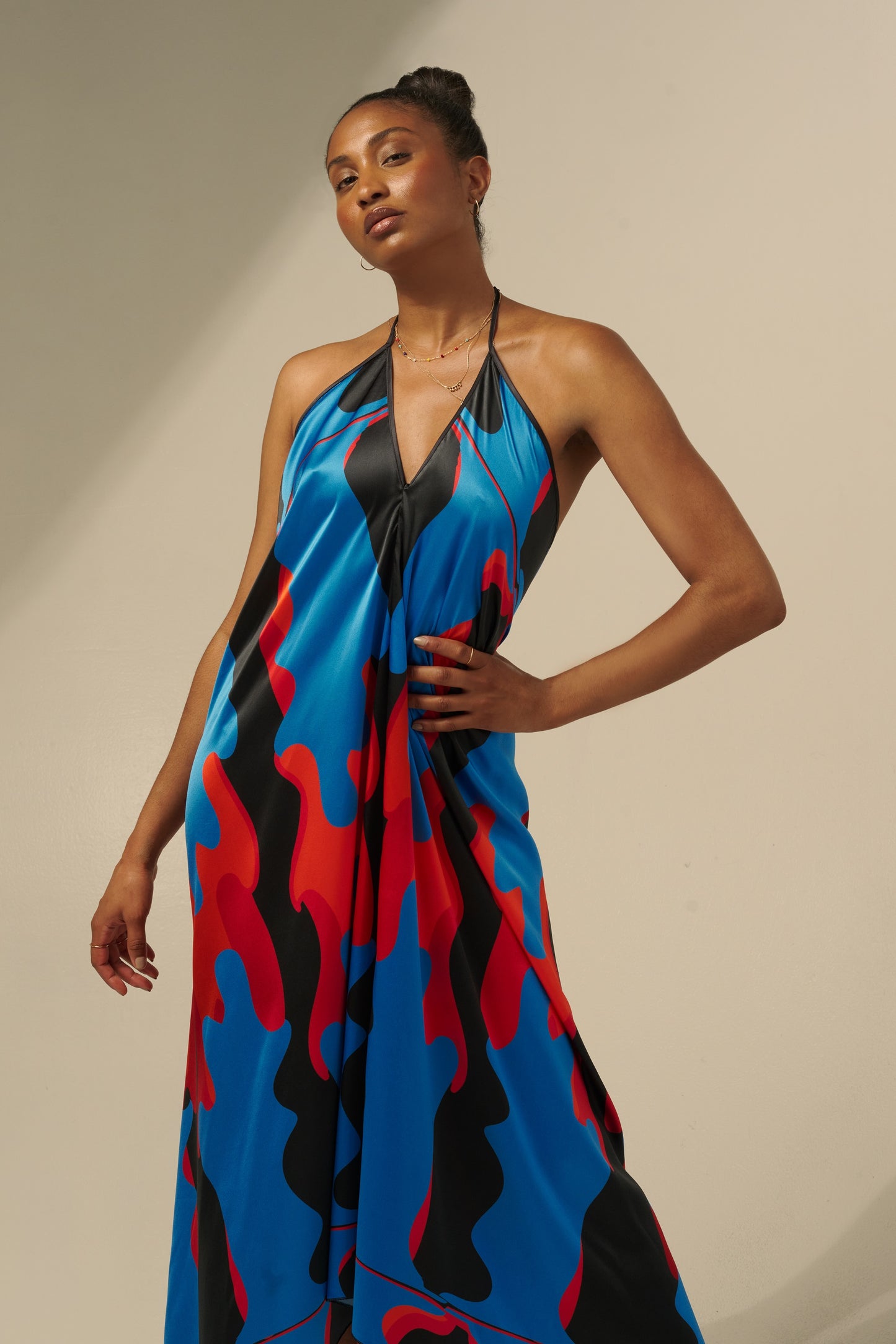 skcreations llc, the sharon keyser collection, new dawn, halter neck dress, backless dress, silk dress, new york fashion week, sharon a. keyser, fashion, style, fashion designer, wearable art, surface design