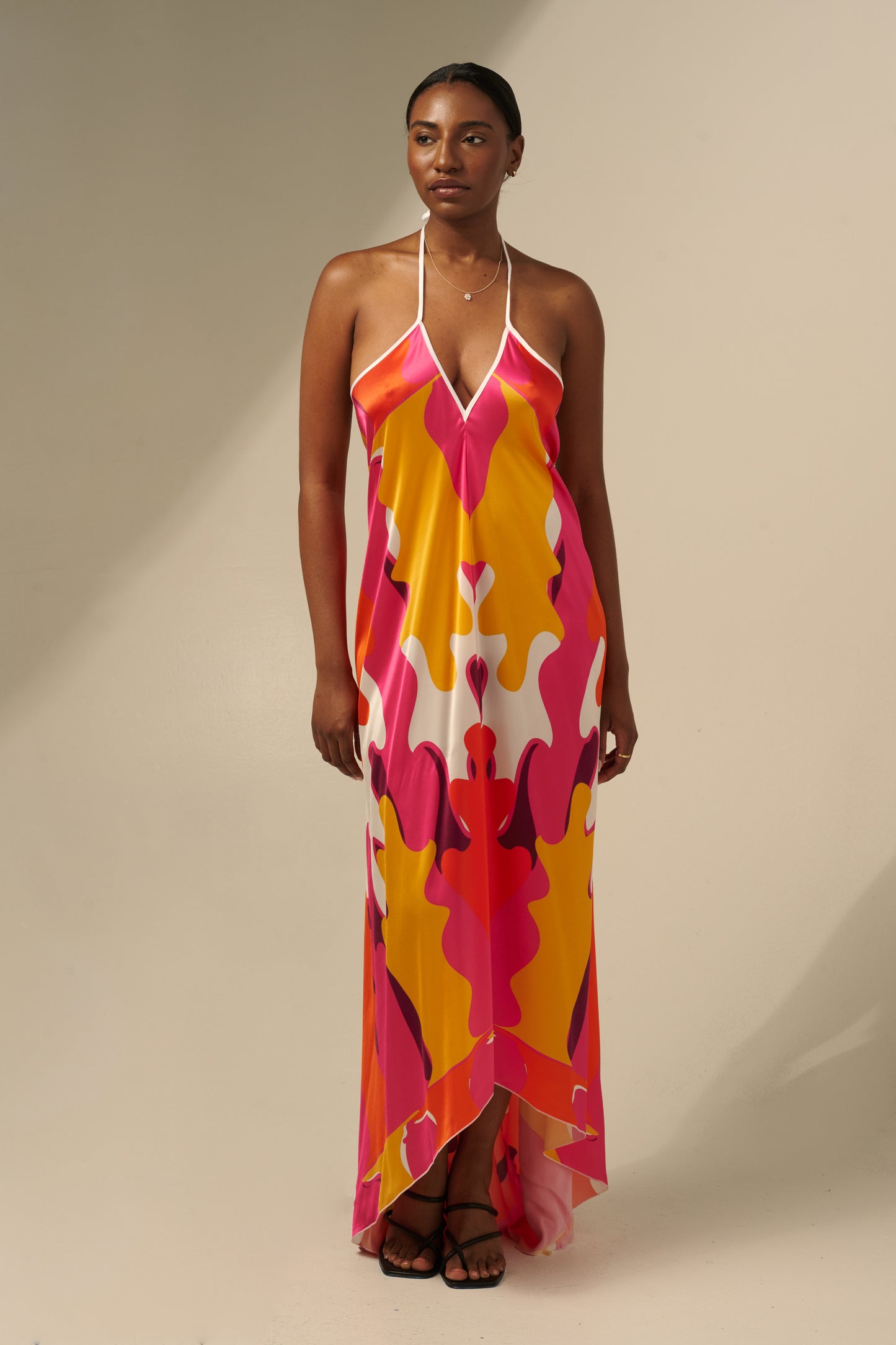 skcreations llc, the sharon keyser collection, new dawn, halter neck dress, backless dress, silk dress, new york fashion week, sharon a. keyser, fashion, style, fashion designer, wearable art, surface design