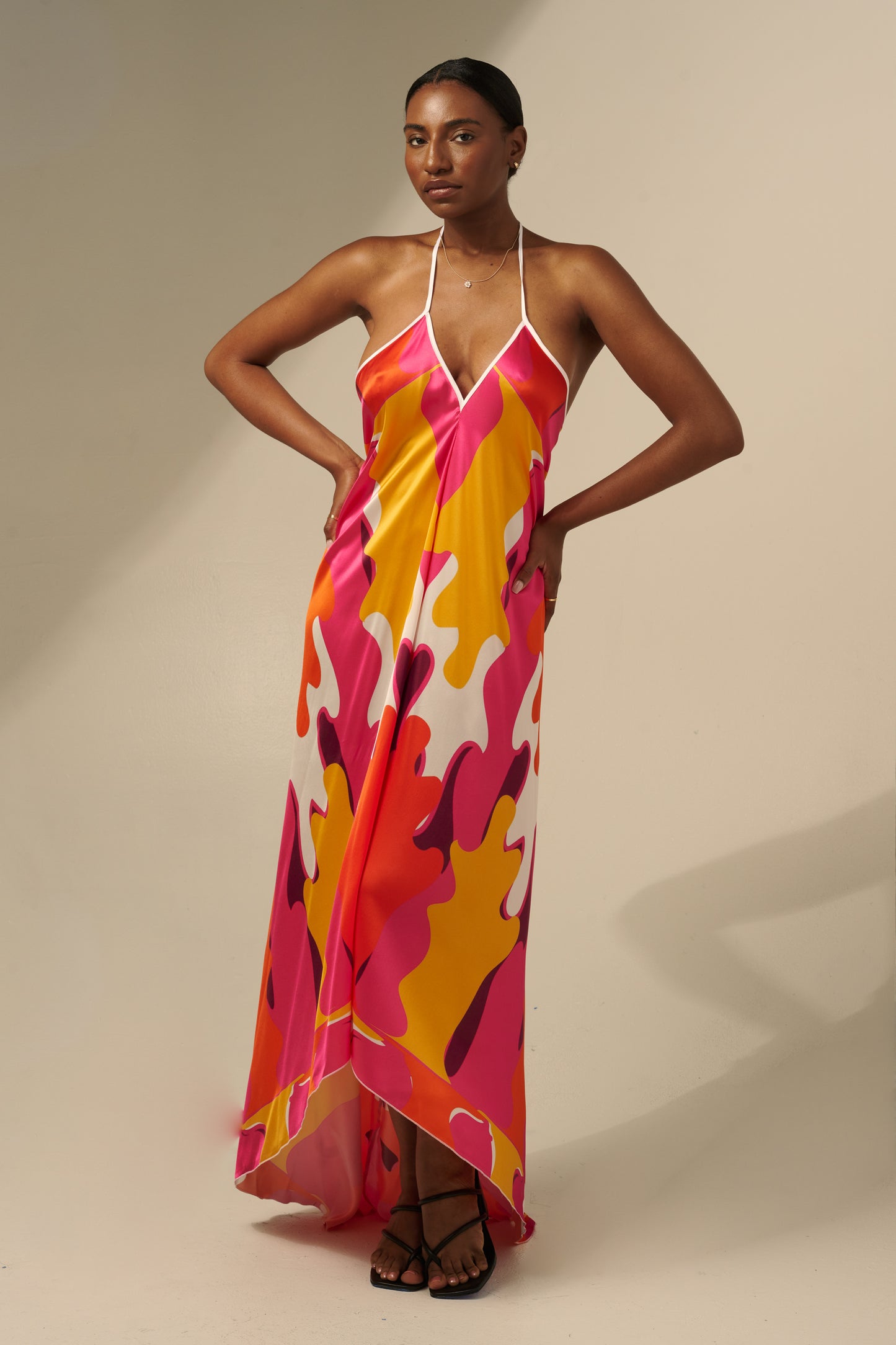 skcreations llc, the sharon keyser collection, new dawn, halter neck dress, backless dress, silk dress, new york fashion week, sharon a. keyser, fashion, style, fashion designer, wearable art, surface design