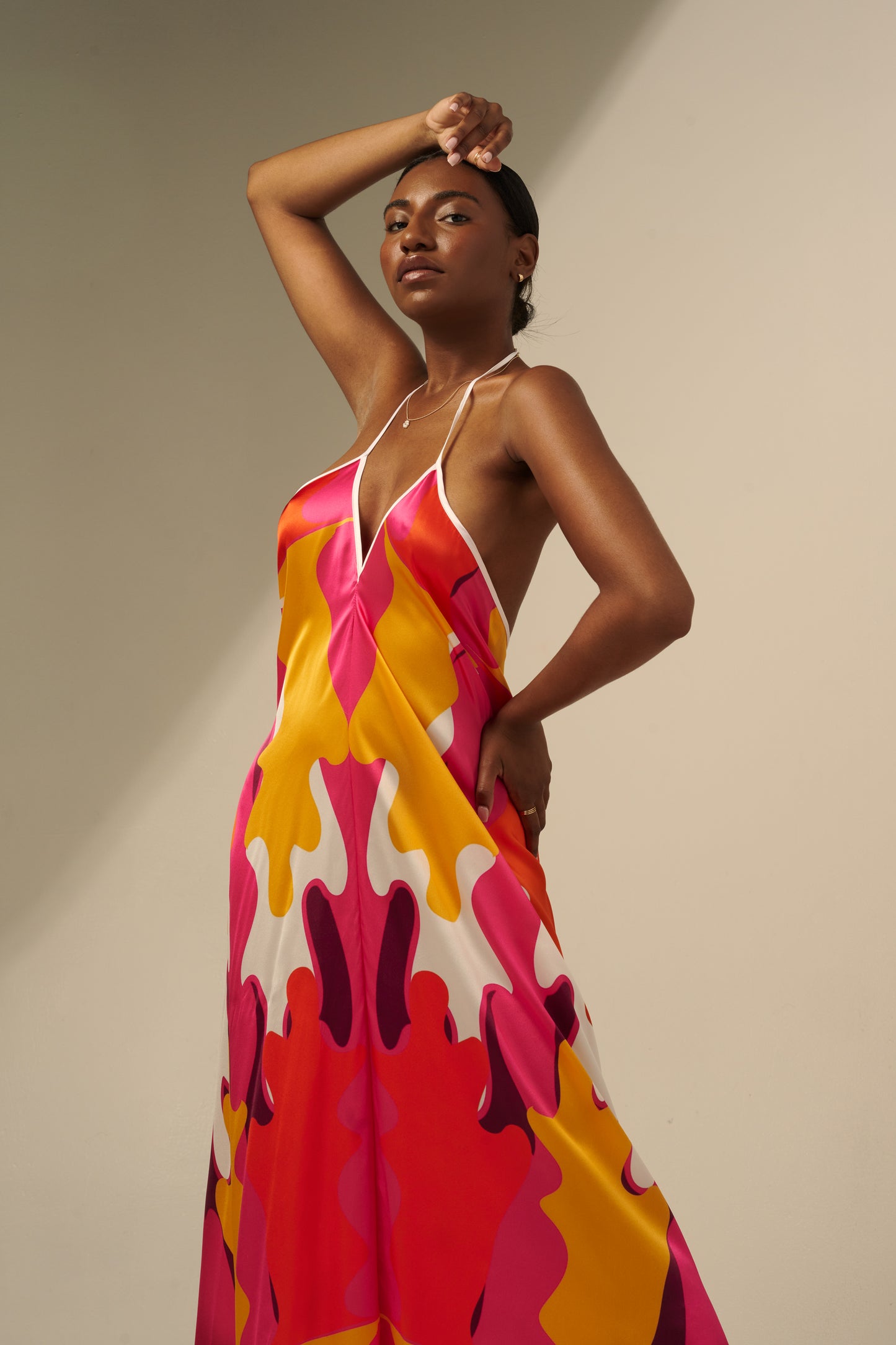 skcreations llc, the sharon keyser collection, new dawn, halter neck dress, backless dress, silk dress, new york fashion week, sharon a. keyser, fashion, style, fashion designer, wearable art, surface design