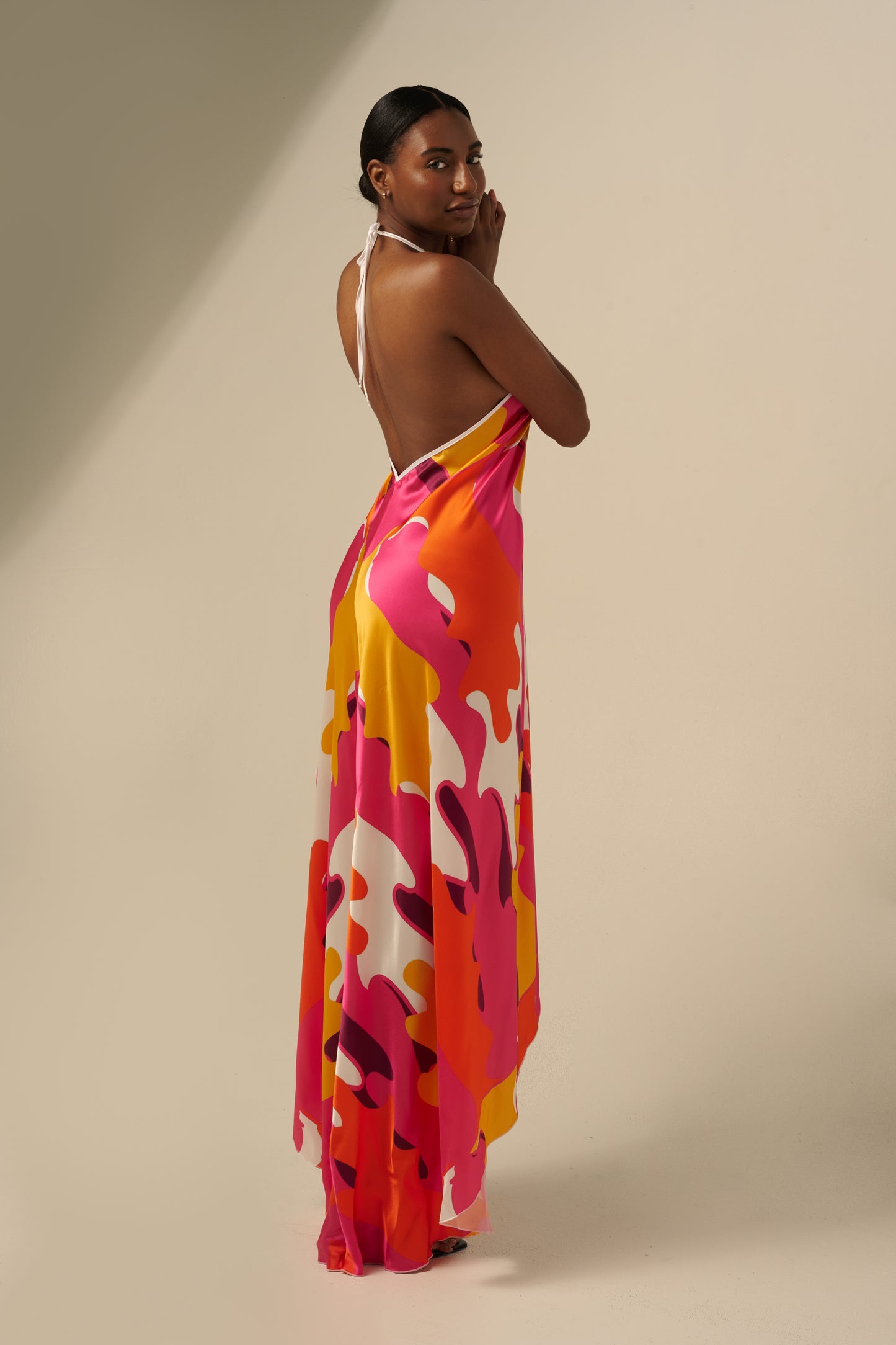 skcreations llc, the sharon keyser collection, new dawn, halter neck dress, backless dress, silk dress, new york fashion week, sharon a. keyser, fashion, style, fashion designer, wearable art, surface design