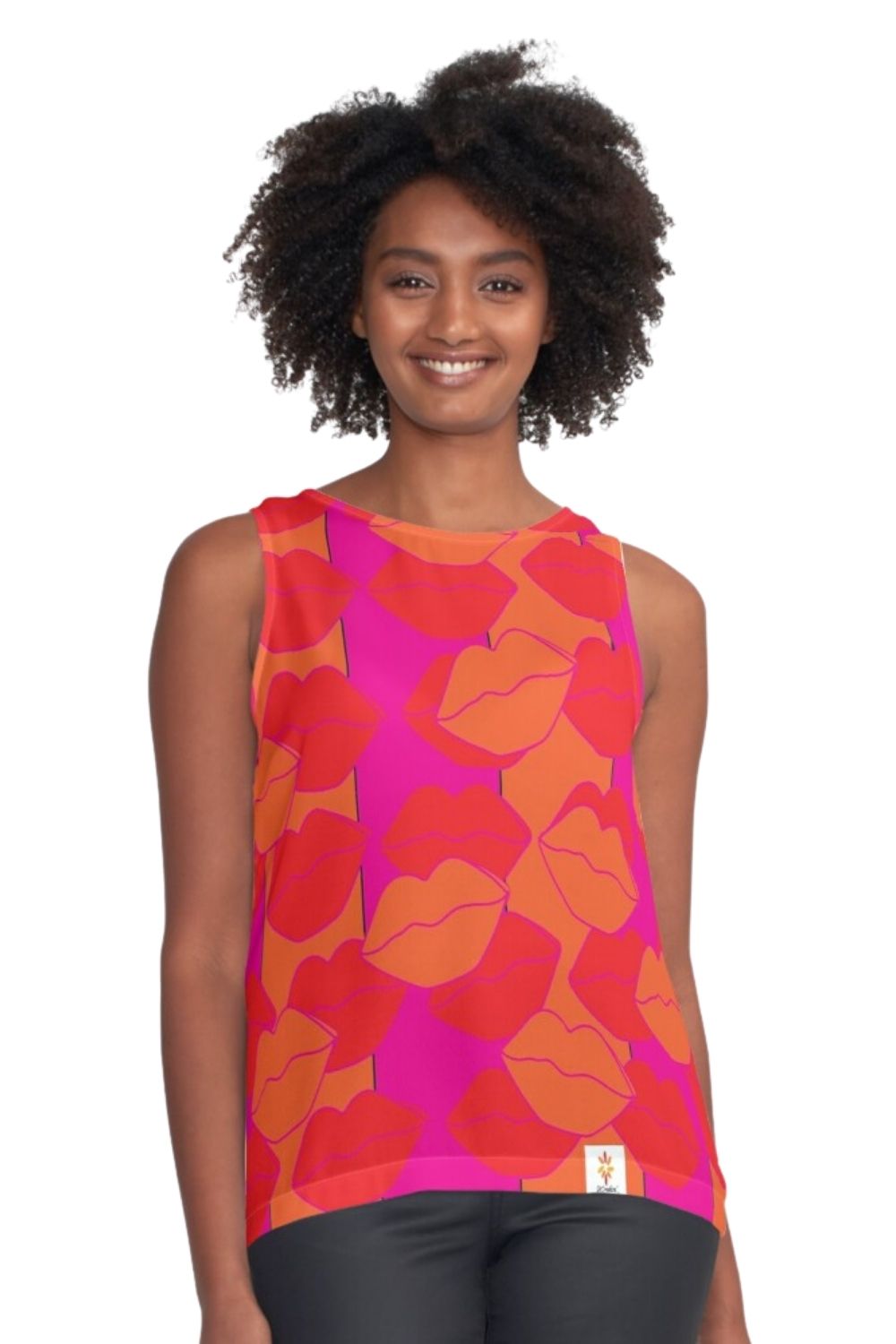 kisses, sleeveless top, pink top, orange top, skcreations llc, sharon a. keyser, ready to wear, wearable art, original art fashion, original design, black designer