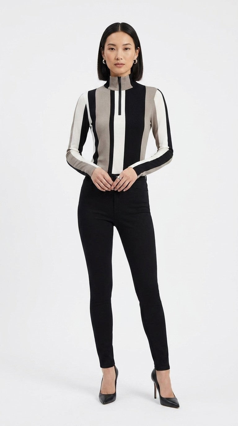 Stripes Half-Zip Top in Beige, Black, and White