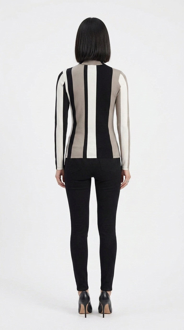 Stripes Half-Zip Top in Beige, Black, and White