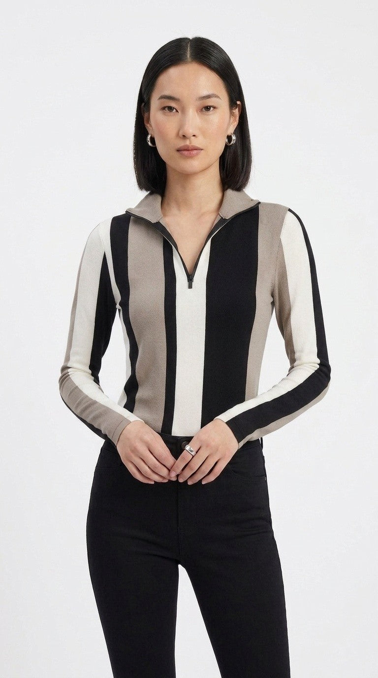 Stripes Half-Zip Top in Beige, Black, and White