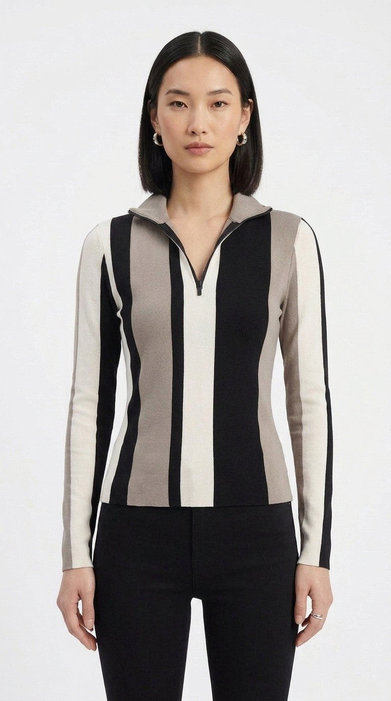 Stripes Half-Zip Top in Beige, Black, and White