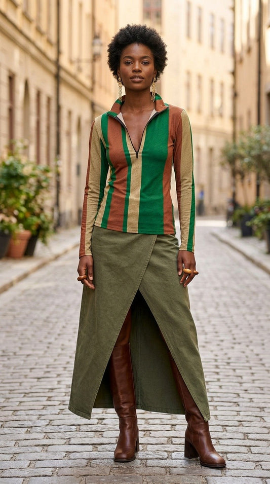 Stripes Half-Zip Top in Forest Green, Terra Cotta, and Warm Beige