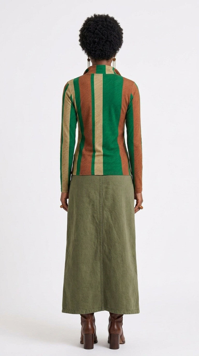 Stripes Half-Zip Top in Forest Green, Terra Cotta, and Warm Beige