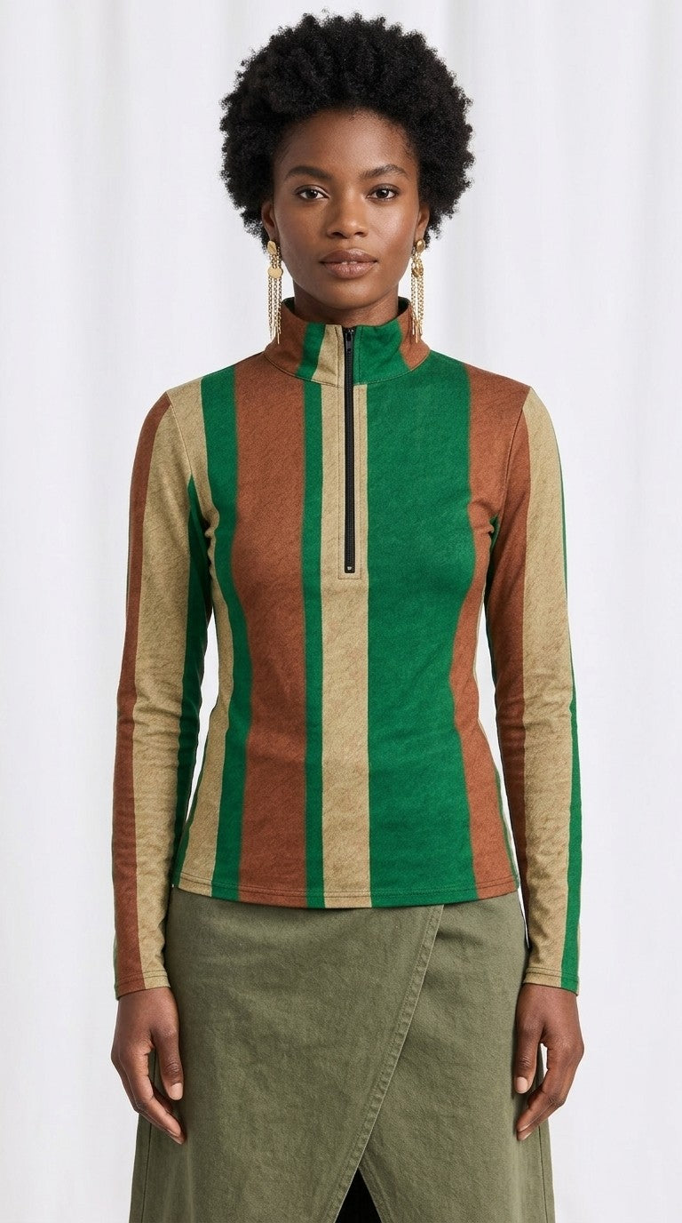 Stripes Half-Zip Top in Forest Green, Terra Cotta, and Warm Beige
