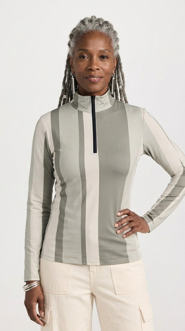 Stripes Half-Zip Top in Gray and Beige