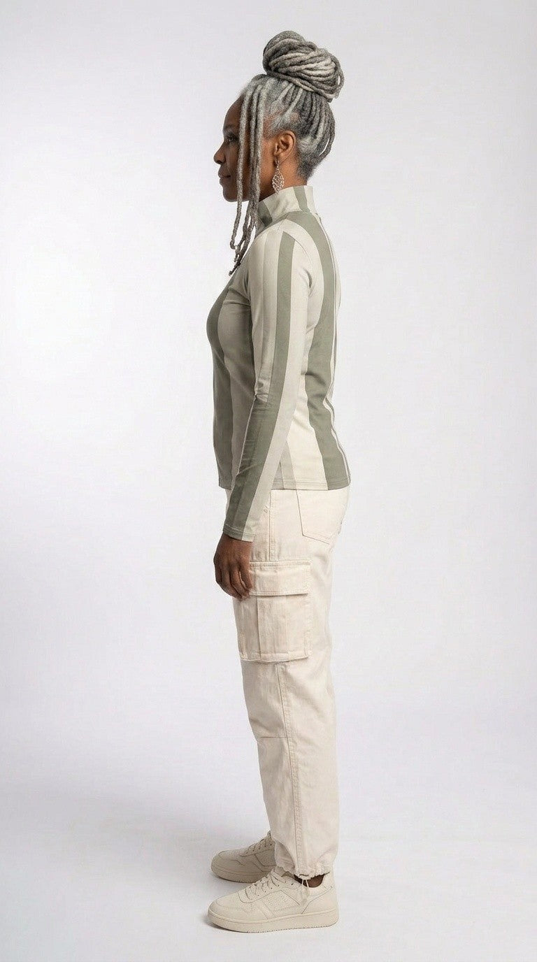 Stripes Half-Zip Top in Gray and Beige