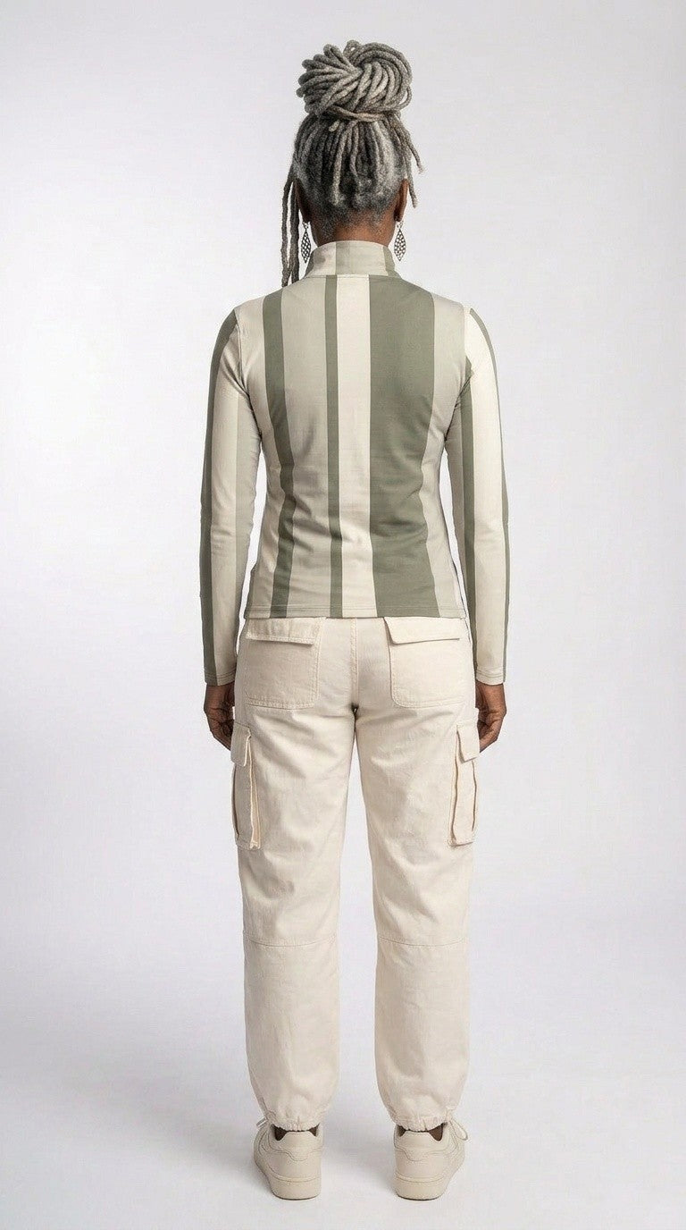 Stripes Half-Zip Top in Gray and Beige