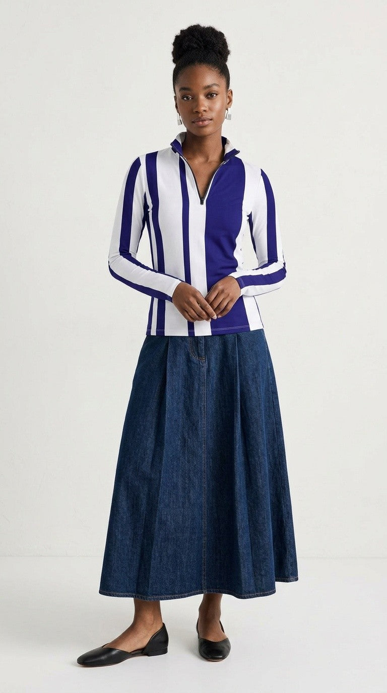 Stripes Half-Zip Top in Blue and White