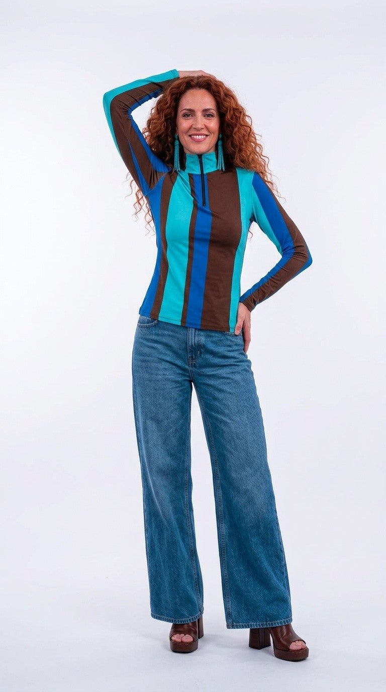 Stripes Half-Zip Top in Chocolate Brown and Light Blue