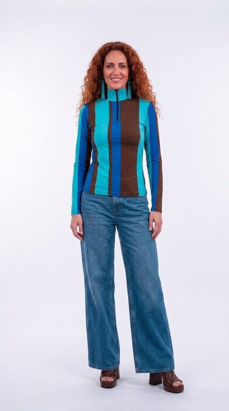 Stripes Half-Zip Top in Chocolate Brown and Light Blue