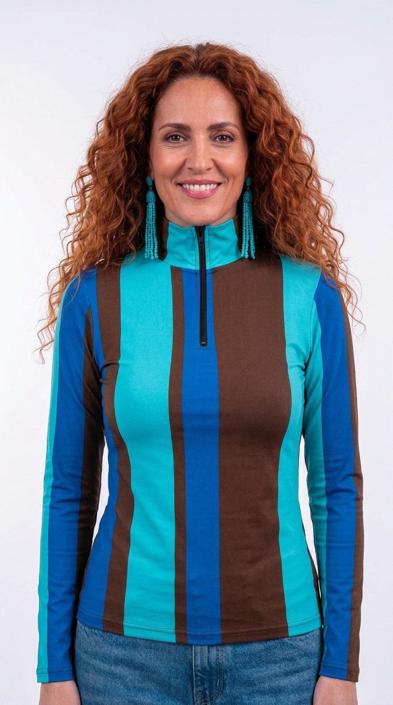 Stripes Half-Zip Top in Chocolate Brown and Light Blue