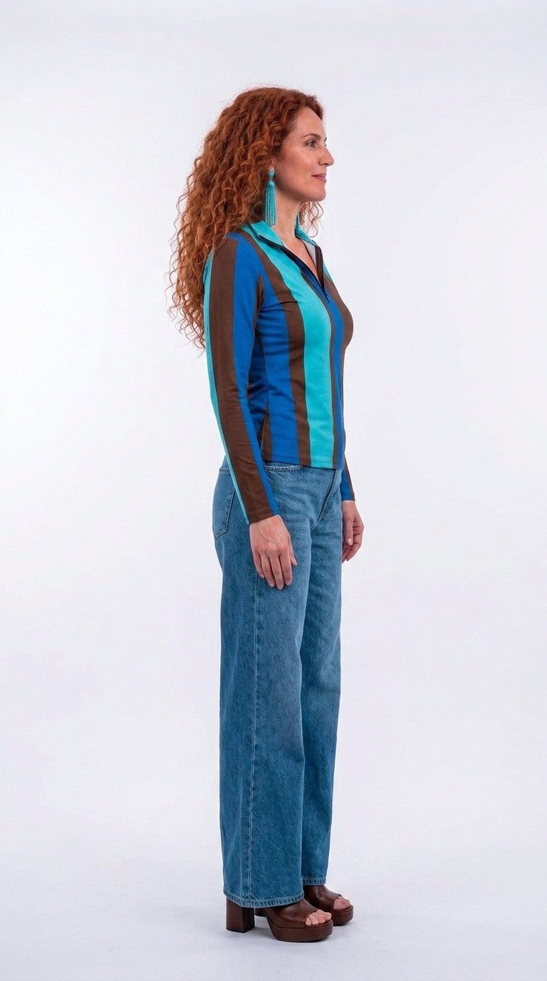Stripes Half-Zip Top in Chocolate Brown and Light Blue