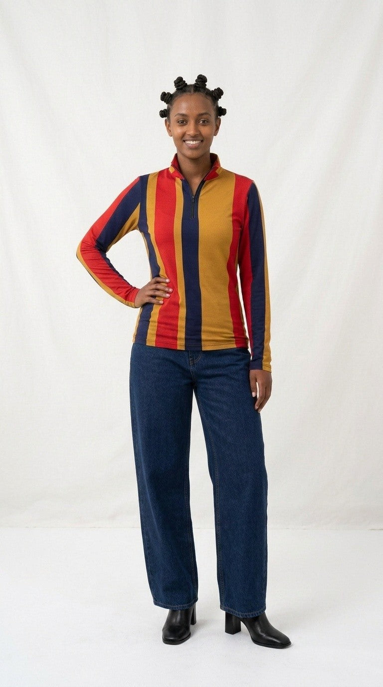 Stripes Half-Zip Top in Navy, Gold, and Scarlet