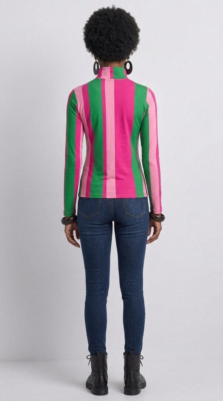 Stripes Half-Zip Top in Pink and Green