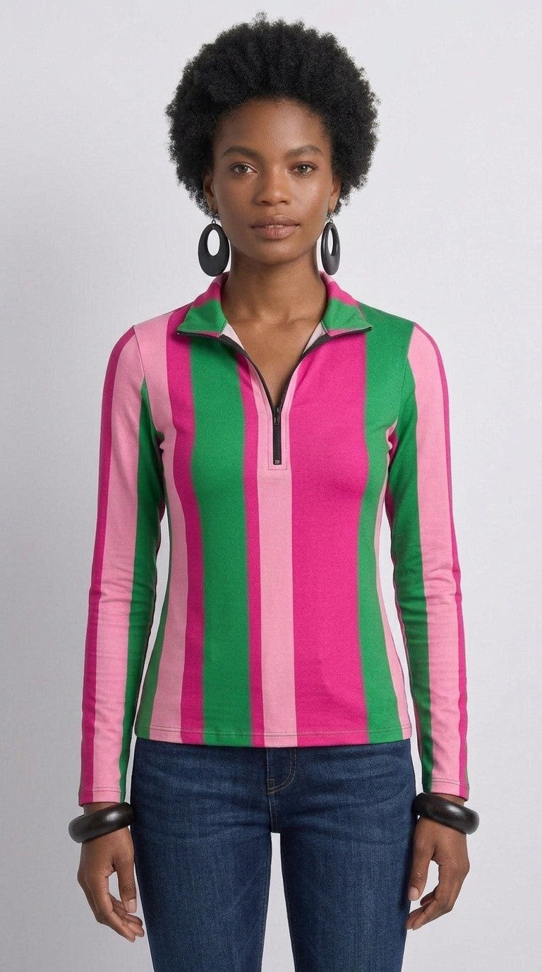 Stripes Half-Zip Top in Pink and Green