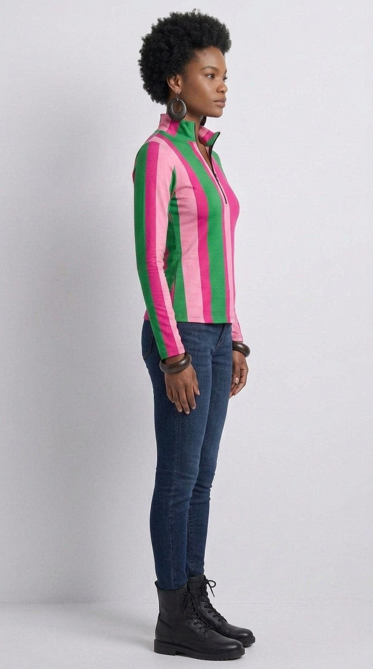 Stripes Half-Zip Top in Pink and Green