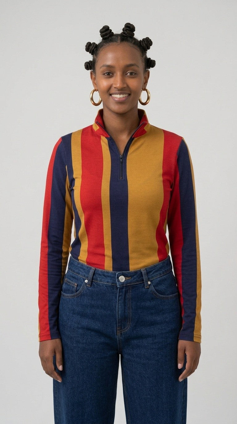 Stripes Half-Zip Top in Navy, Gold, and Scarlet