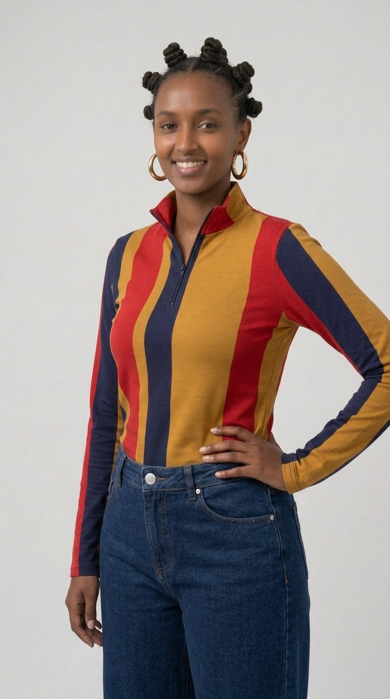 Stripes Half-Zip Top in Navy, Gold, and Scarlet
