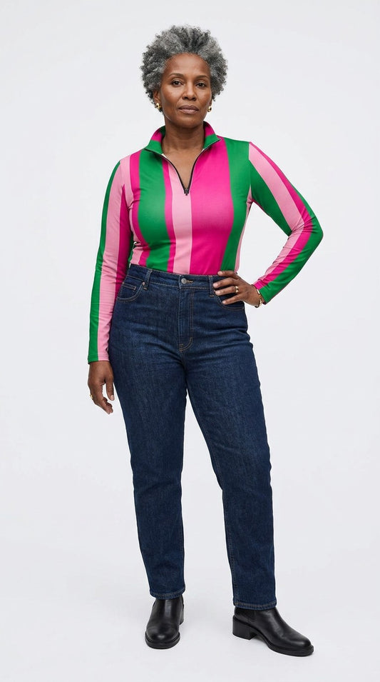 Stripes Half-Zip Top in Pink and Green