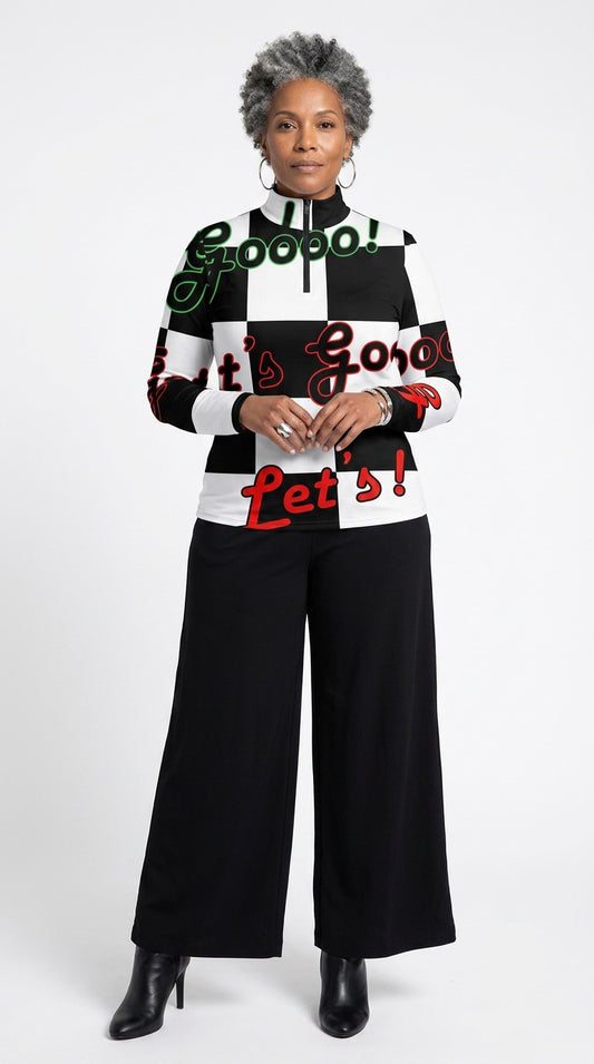 Let's Gooo! Black and White Half-Zip Top